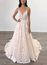 Chic A-line V-Neck Sweep Train Tulle Bridal Gown-Dbrbridal