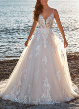 Chic A-line V-Neck Sweep Train Tulle Bridal Gown-Dbrbridal