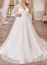 Chic A-line Wedding Dresses Curve Lace Plunge Sleeves-Dbrbridal