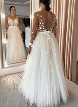 Chic A-line Wedding Dresses Lace Long Sleeves Tulle Open Back-Dbrbridal