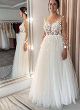 Chic A-line Wedding Dresses Lace Long Sleeves Tulle Open Back-Dbrbridal