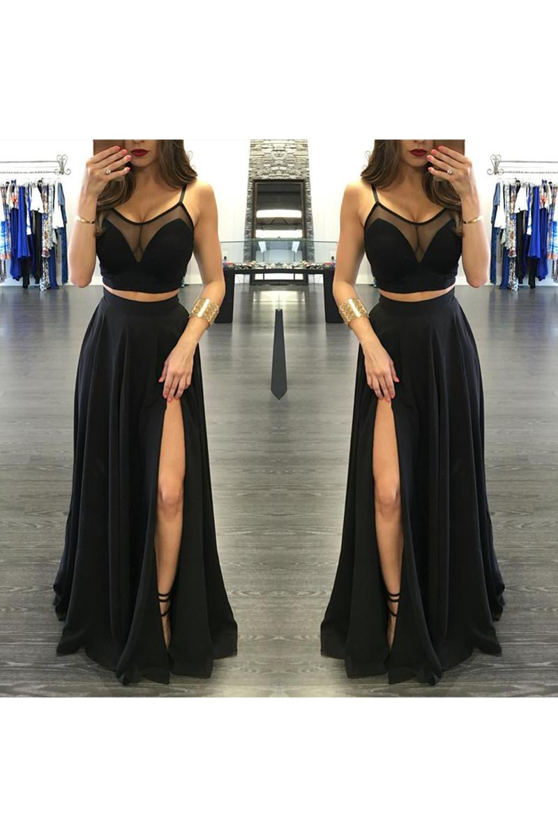 Chic Black Illusion Designer Two Pieces Formal DressesFront Split Spaghetti-Straps-Dbrbridal