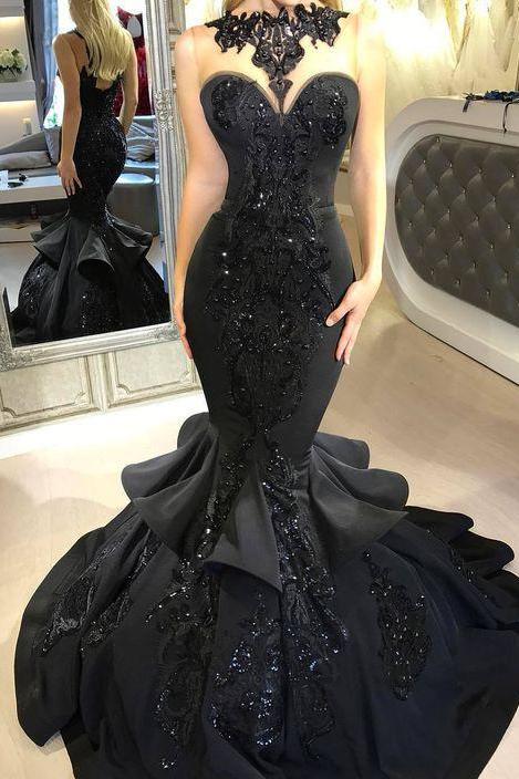 Chic Black Mermaid Formal DressesLong Sequins Ruffles Party Gowns-Dbrbridal