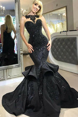 Chic Black Mermaid Formal DressesLong Sequins Ruffles Party Gowns-Dbrbridal