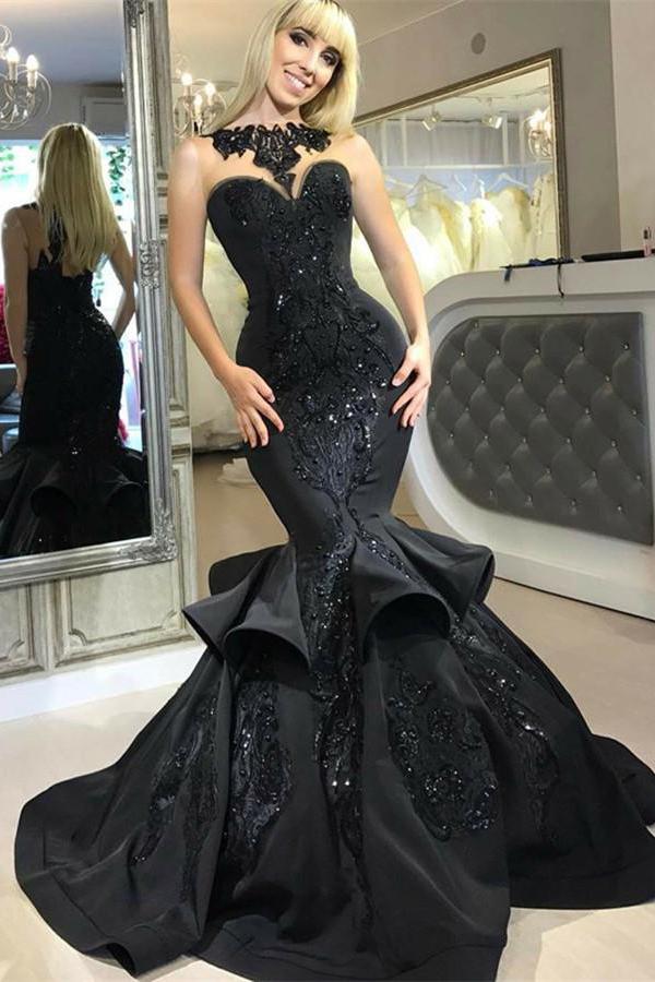 Chic Black Mermaid Formal DressesLong Sequins Ruffles Party Gowns-Dbrbridal