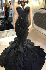 Chic Black Mermaid Formal DressesLong Sequins Ruffles Party Gowns-Dbrbridal
