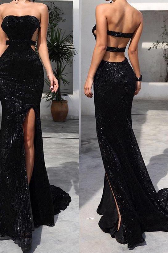 Chic Black Tube Top Sequins Long Prom Dress With Split White Open Back Party Gowns-Dbrbridal
