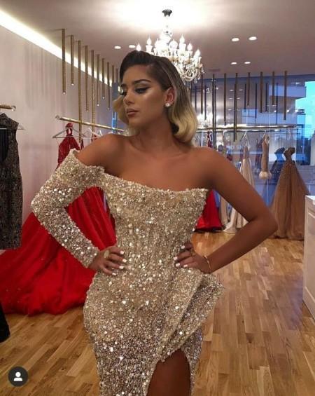 Chic Crystal Beading One Shoulder Strapless Slit Mermaid Sequins Prom Gowns-Dbrbridal