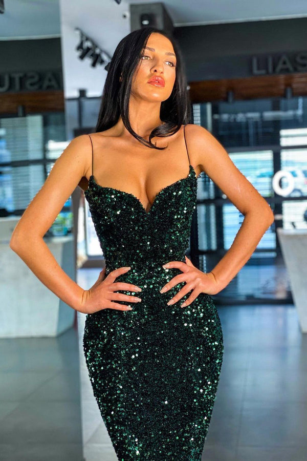 Chic Green Sequins Prom Dress Mermaid Long Ball Dresses Spaghetti-Straps-Dbrbridal