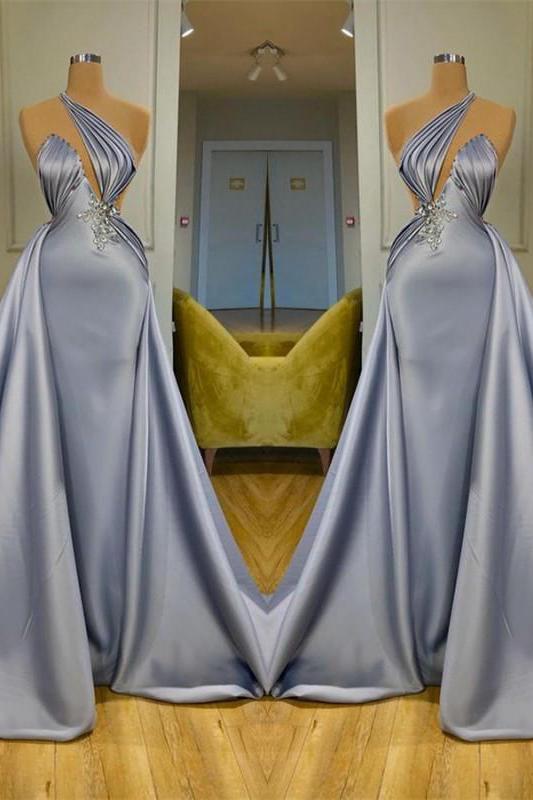 Chic Halter Beadings Long Evening Party Gowns With Detachable Skirt-Dbrbridal