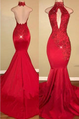 Chic Halter Mermaid Formal DressesLong With Lace Appliques-Dbrbridal