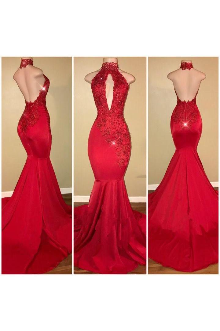 Chic Halter Mermaid Formal DressesLong With Lace Appliques-Dbrbridal