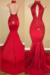 Chic Halter Mermaid Formal DressesLong With Lace Appliques-Dbrbridal