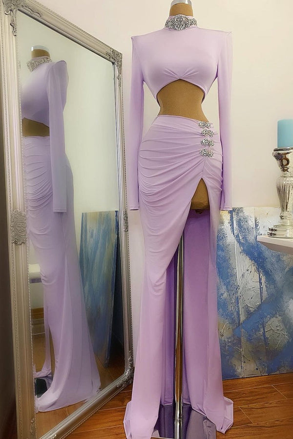 Chic High Split Prom Dress Mermaid High Neck On Sale Long Sleeve-Dbrbridal