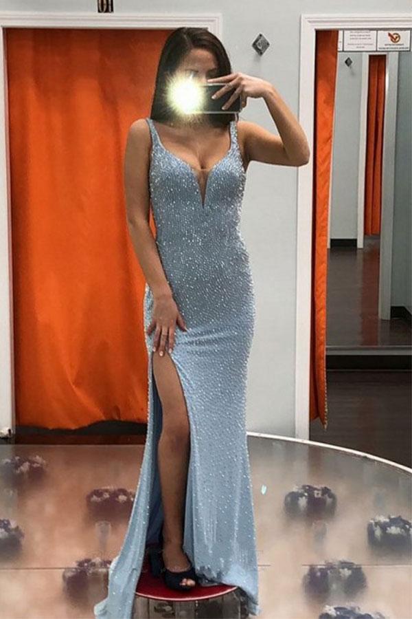 Chic Light Sky Blue High Split Gorgeous Beadings Prom Dresses Online-Dbrbridal