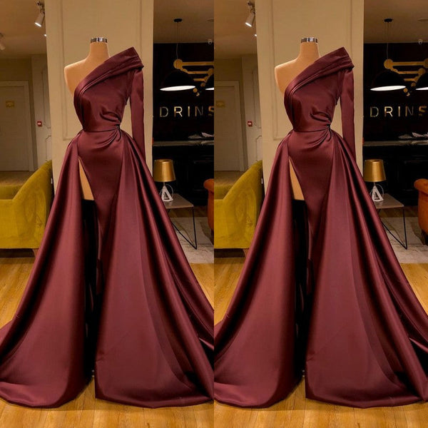 Chic Long Sleeve Evening Dress With Split On Sale One Sleeve-Dbrbridal