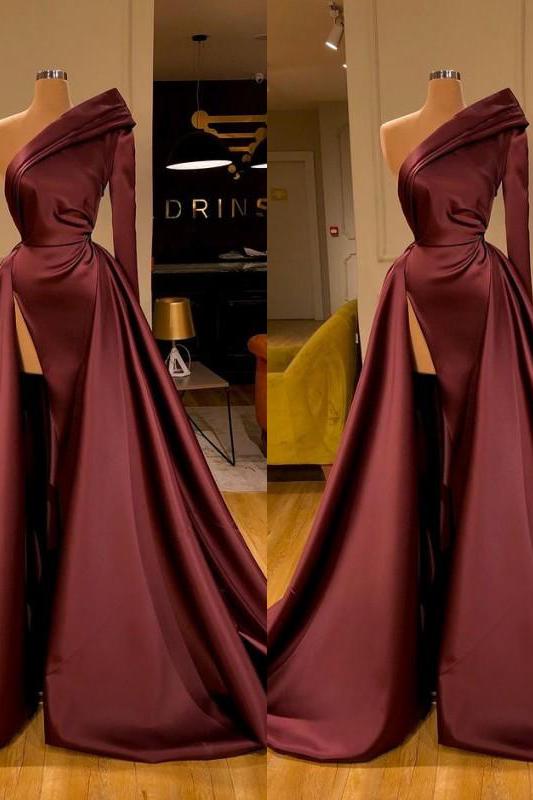 Chic Long Sleeves One Sleeve Evening Party Gowns With Split Online-Dbrbridal
