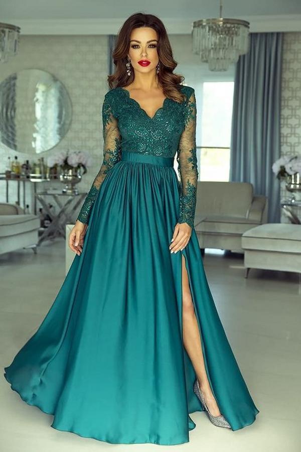 Chic Long Sleeves Prom Dress Lace Appliques Evening Gowns With Split-Dbrbridal