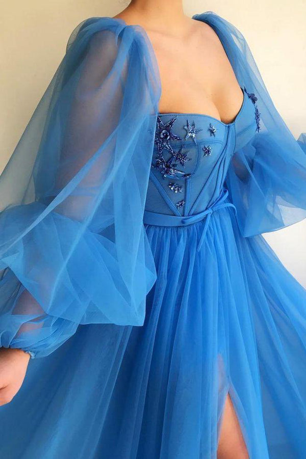 Chic Long Sleeves Sweetheart See Through Bodice Party Dresses Front Slit Blue Long Prom Dresses-Dbrbridal