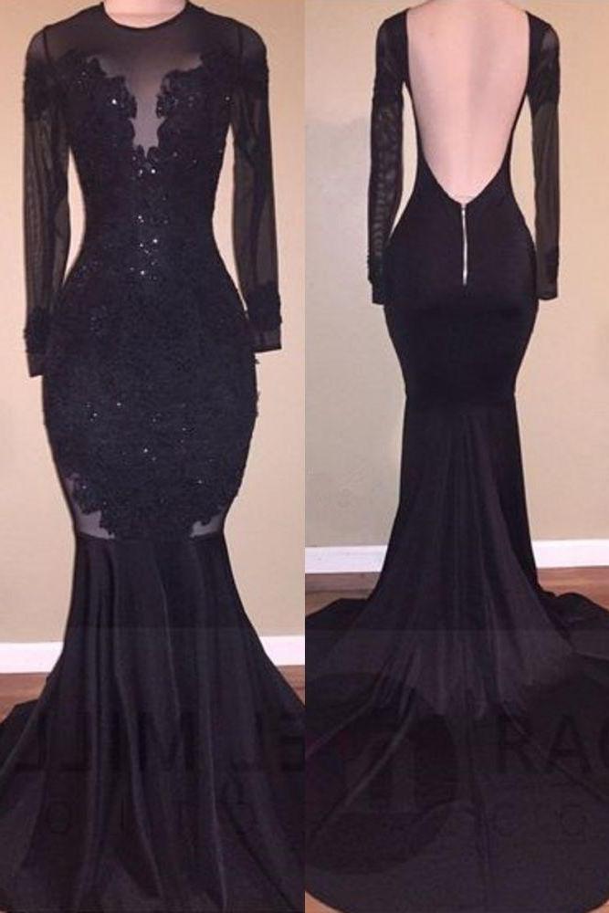 Chic Mermaid Black Long Sleeves Backless Appliques Formal Dresses-Dbrbridal
