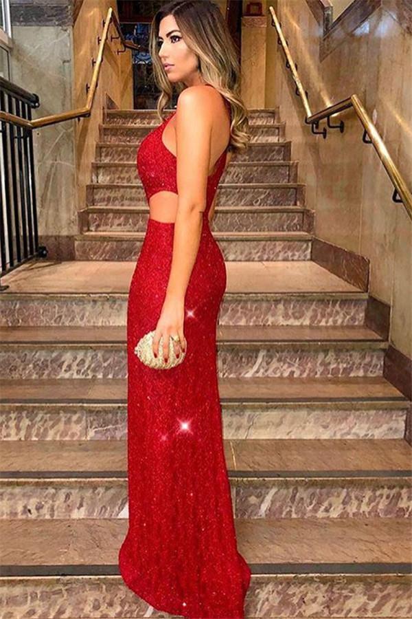 Chic Red One Shoulder Sleevesless Side Split Sequins Formal Dresses-Dbrbridal