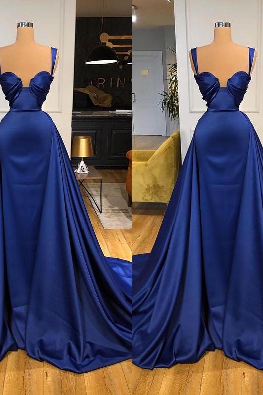 Chic Royal Blue Straps Prom Dress Overskirt With Detachable Train Sweetheart-Dbrbridal
