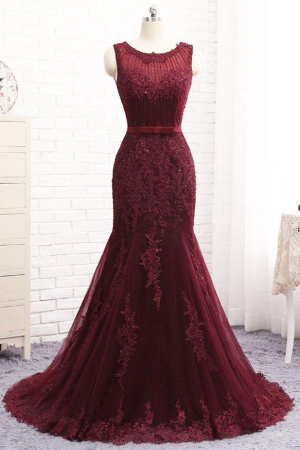 Chic Scoop Sleeveless Tulle Mermaid Appliques Sequins Zipper Prom Dresses-Dbrbridal
