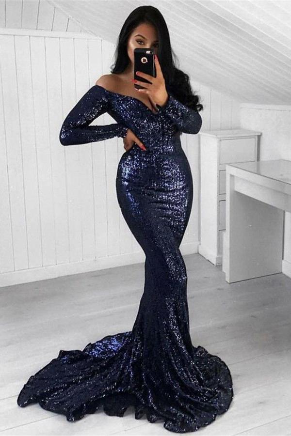 Chic Sequins Mermaid Long Sleevess Mermaid Off-the-Shoulder Formal Dresses-Dbrbridal
