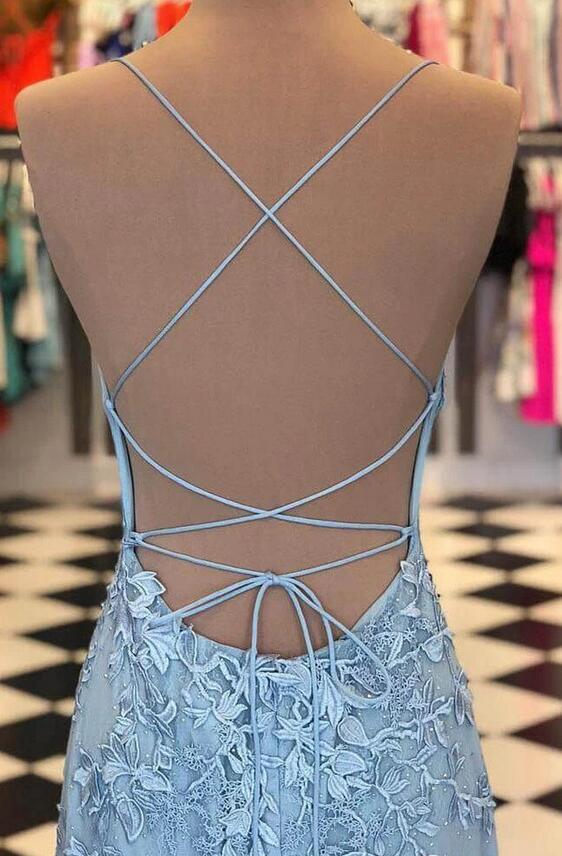 Chic Sky Blue Spaghetti-Straps Lace Applique Simple Long Prom Dresses-Dbrbridal