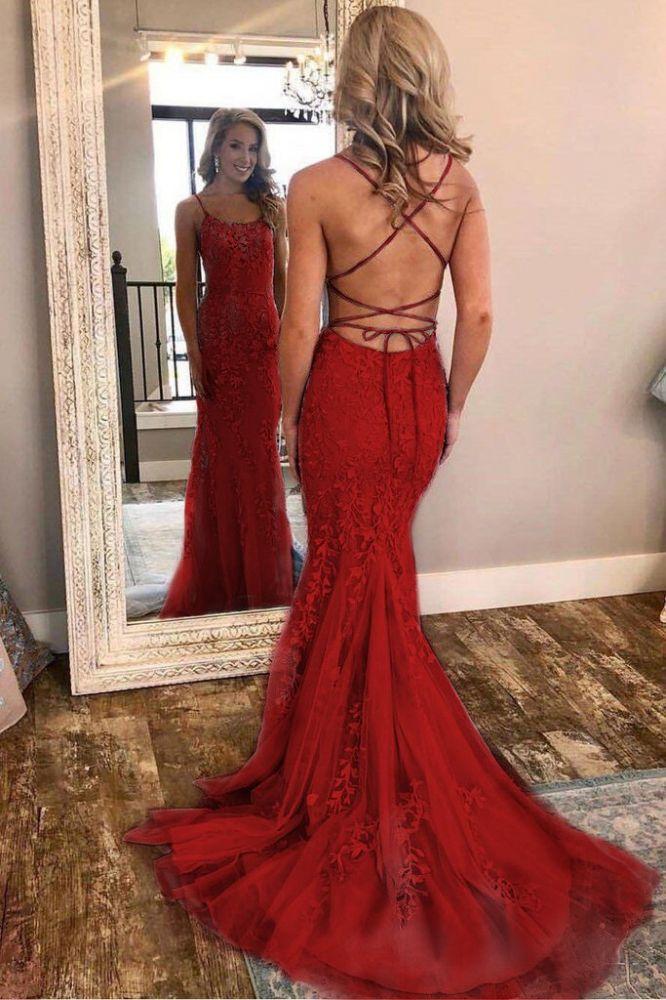 Chic Sky Blue Spaghetti-Straps Lace Applique Simple Long Prom Dresses-Dbrbridal