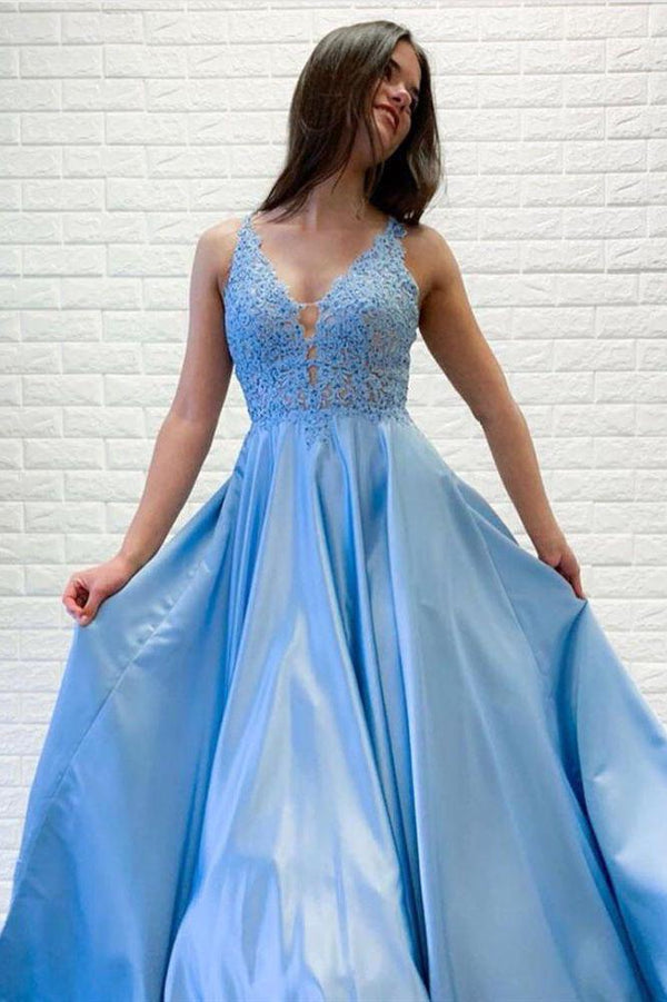 Chic Straps Lace Beading Party Dresses Chic Sexy Deep V-Neck Long Prom Gown-Dbrbridal
