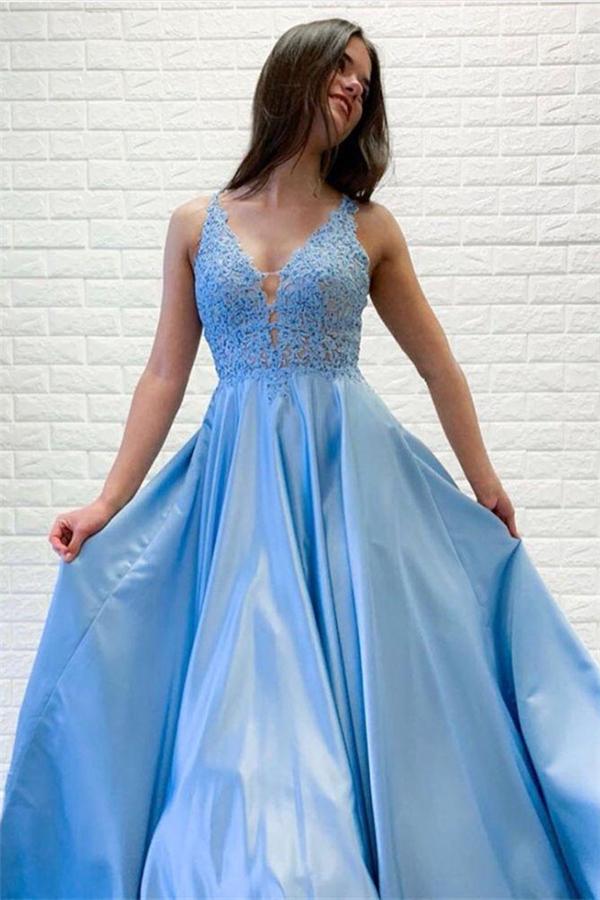 Chic Straps Lace Beading Party Dresses Chic Sexy Deep V-Neck Long Prom Gown-Dbrbridal