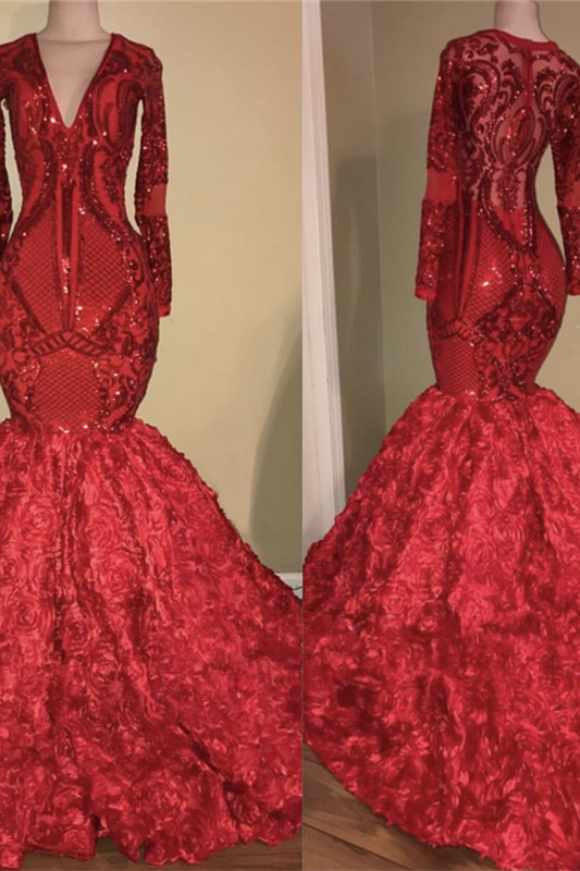 Chic V-Neck Gorgeous Appliques Fit and Flare Floral Party Dresses Chic Long Sleevess Luxurious Scarlet Dress for Prom-Dbrbridal