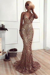 Chic V-Neck Mermaid Party Dresses Sequins Long Evening Party Gowns-Dbrbridal