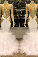 Chic White And Gold Mermaid Prom Dress Sequins High Collar Chiffon Long-Dbrbridal