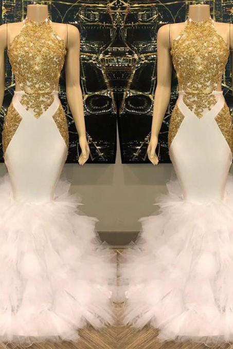 Chic White And Gold Mermaid Prom Dress Sequins High Collar Chiffon Long-Dbrbridal