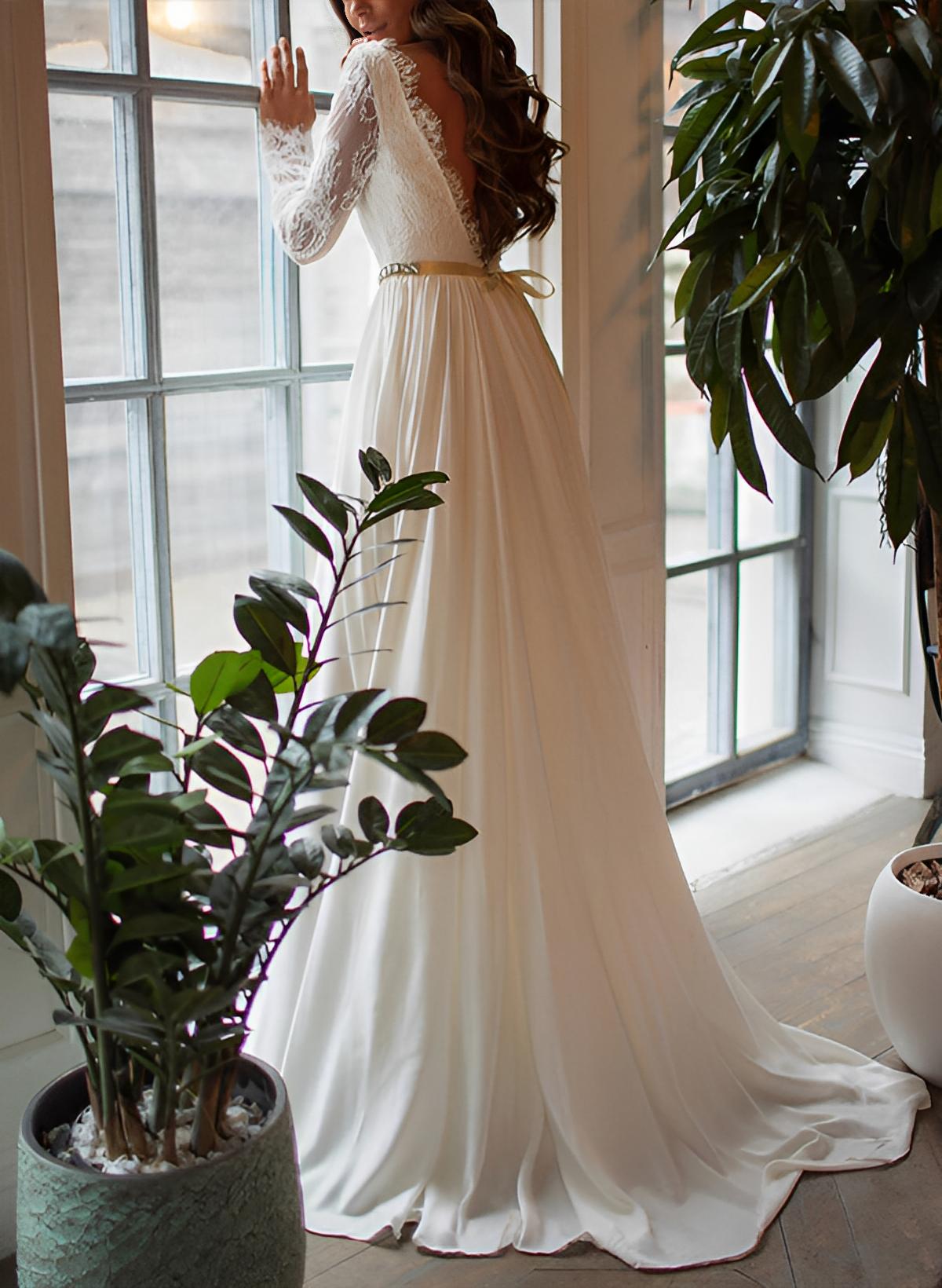 Chiffon Lace Wedding Dress Long Sleeves Sweep Train – Dbrbridal