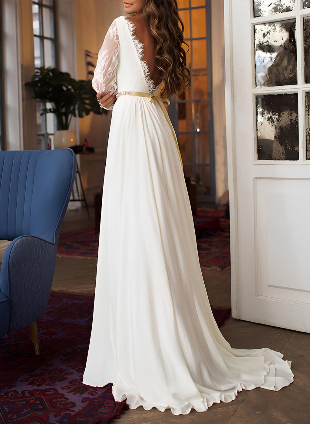Chiffon Lace Wedding Dress Long Sleeves Sweep Train – Dbrbridal