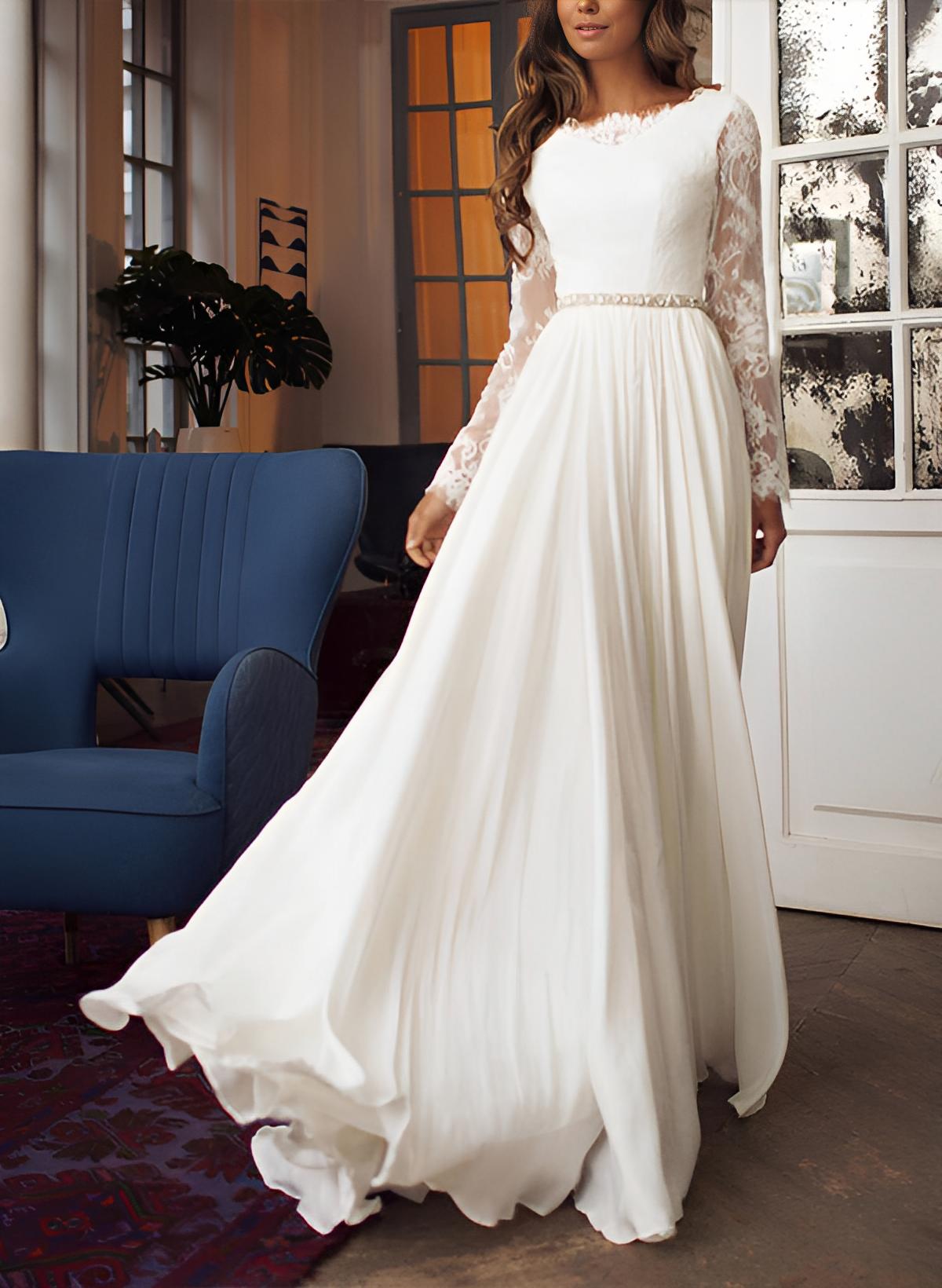 Chiffon Lace Wedding Dress Long Sleeves Sweep Train – Dbrbridal