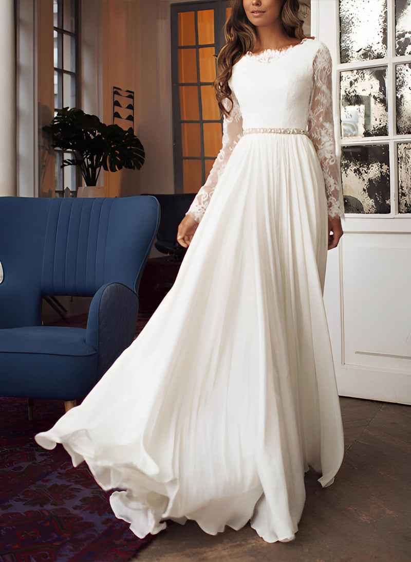Chiffon Lace Wedding Dress Long Sleeves Sweep Train – Dbrbridal