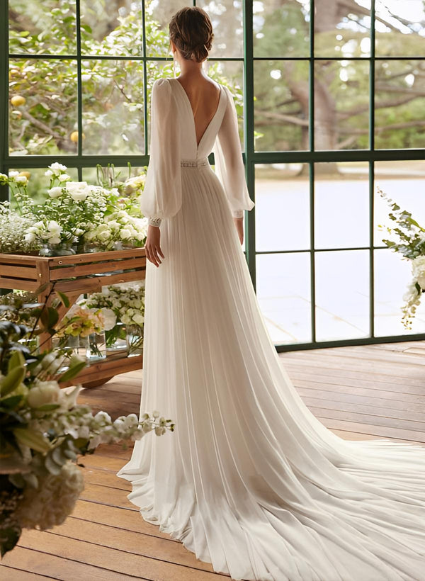 Chiffon Wedding Dresses Chic A-line V-Neck Long Sleeves Court Train-Dbrbridal