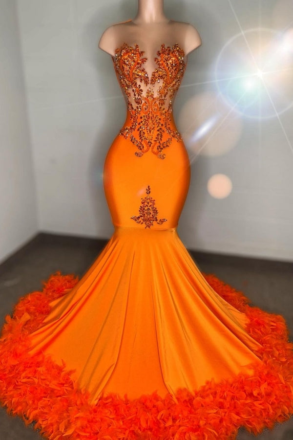 Classic Orange Long Mermaid Sweetheart Satin Lace Prom Dresses-Dbrbridal