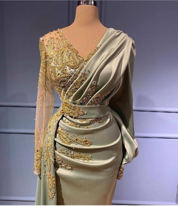 Classic V-Neck Mermaid Ball Dresses Long Prom Dress With Appliques Long Sleeves-Dbrbridal