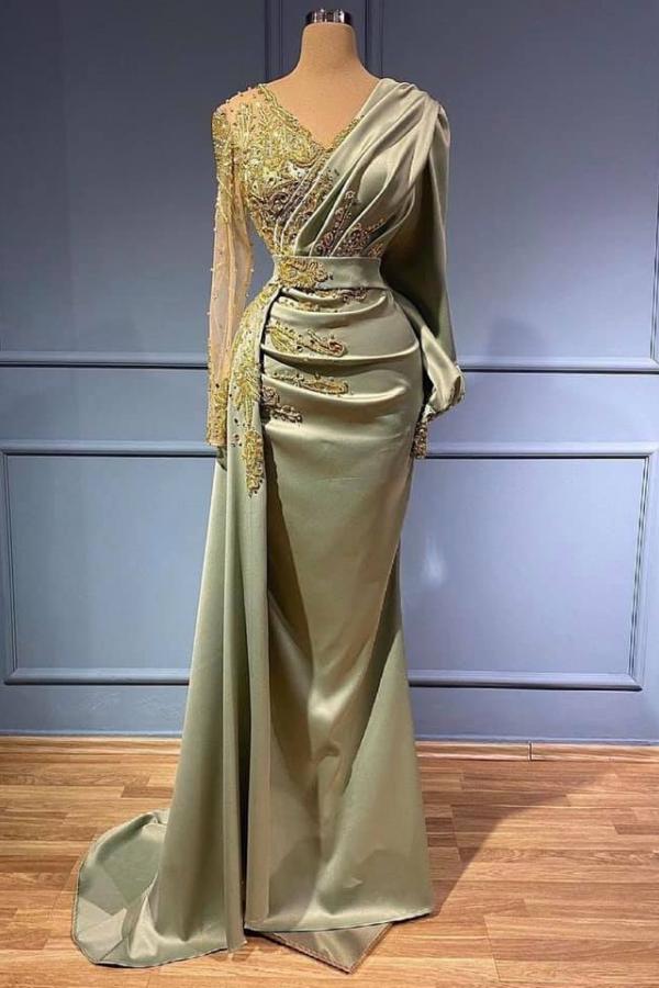 Classic V-Neck Mermaid Ball Dresses Long Prom Dress With Appliques Long Sleeves-Dbrbridal