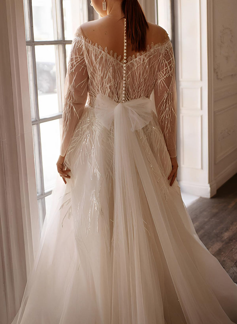 Classy Illusion Neckline Long Sleeve Lace Wedding Dresses-Dbrbridal