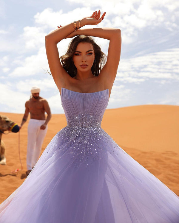 Classy Long Lilac Sleeveless Crystals Tulle Evening Party Gowns-Dbrbridal