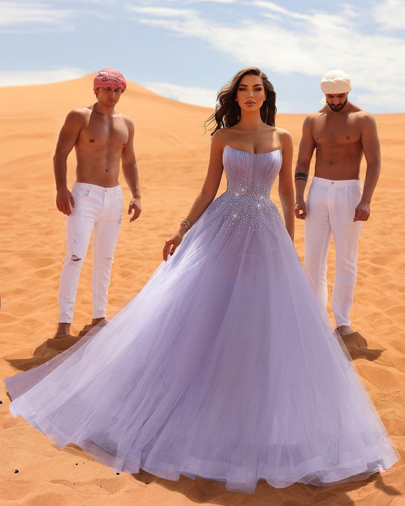 Classy Long Lilac Sleeveless Crystals Tulle Evening Party Gowns-Dbrbridal