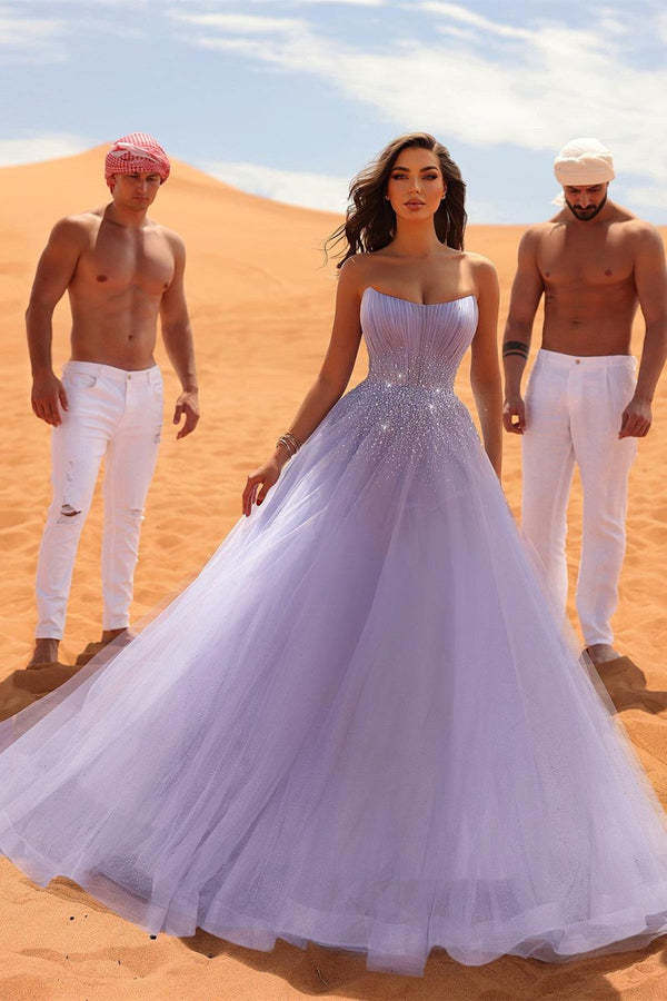 Classy Long Lilac Sleeveless Crystals Tulle Evening Party Gowns-Dbrbridal