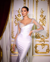 Classy Long Mermaid Long Sleeves Bridal Gown With Diamonds-Dbrbridal