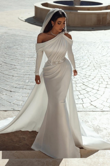 Classy One Shoulder Long Sleeves Mermaid Bridal Gown With Ruffles Long – Dbrbridal